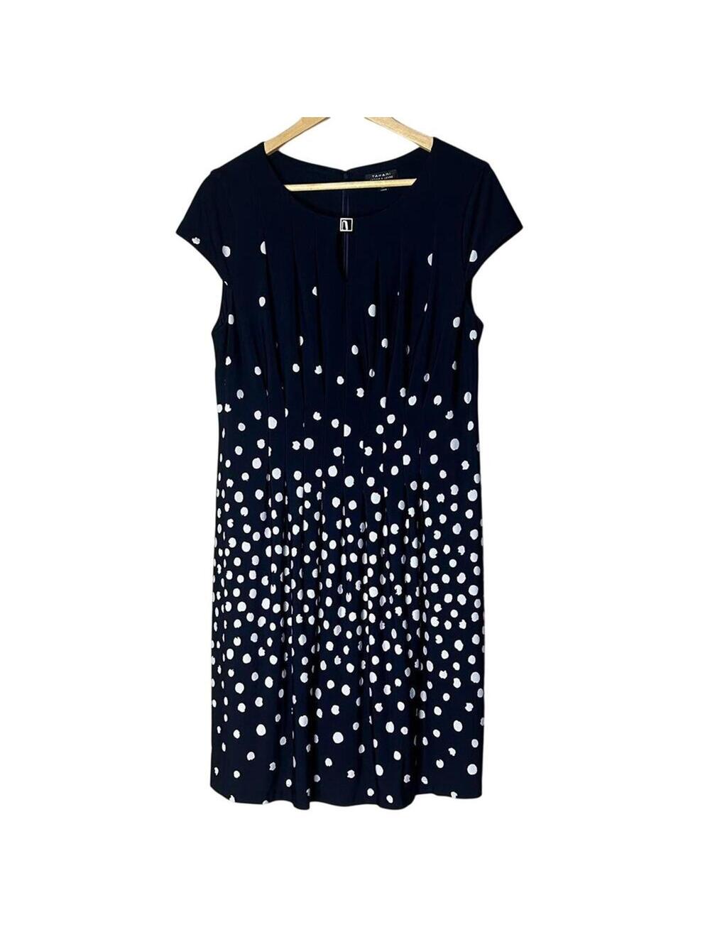 Tahari Navy White Polka Dot Dress 14 Petite Cap Sleeve Knee Length Stretch